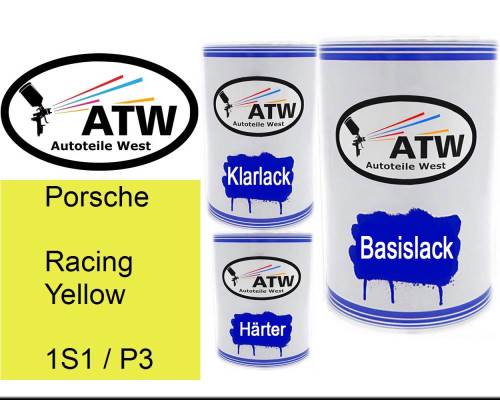 Porsche, Racing Yellow, 1S1 / P3: 500ml Lackdose + 500ml Klarlack + 250ml Härter - Set, von ATW Autoteile West.
